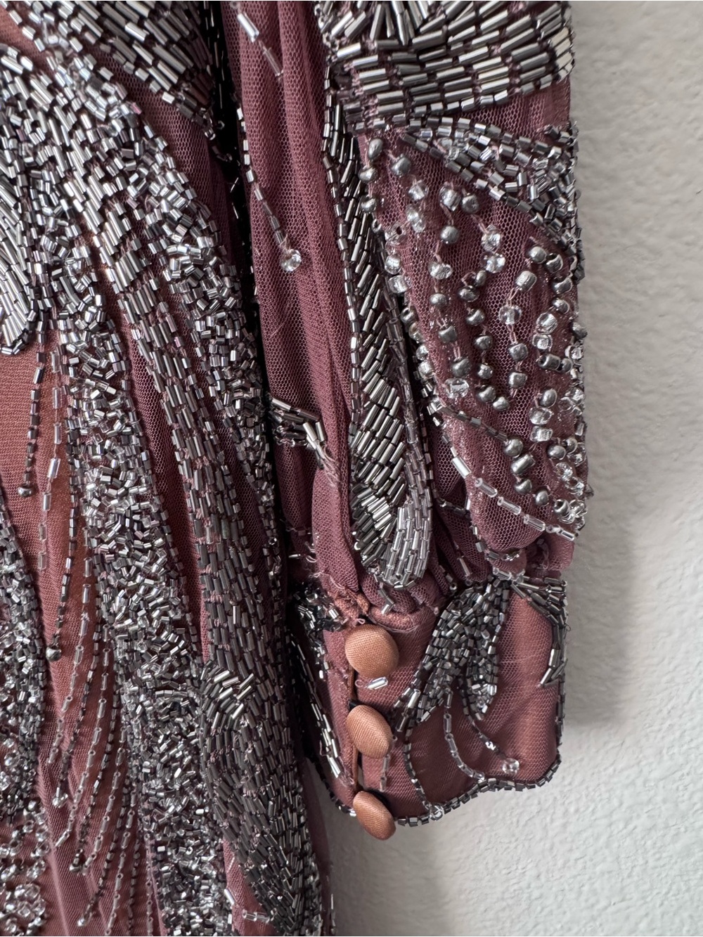 Mac Duggal Mauve Silver Beaded Long Sleeve Cocktail Dress Size 12 Flaws - Picture 8 of 10